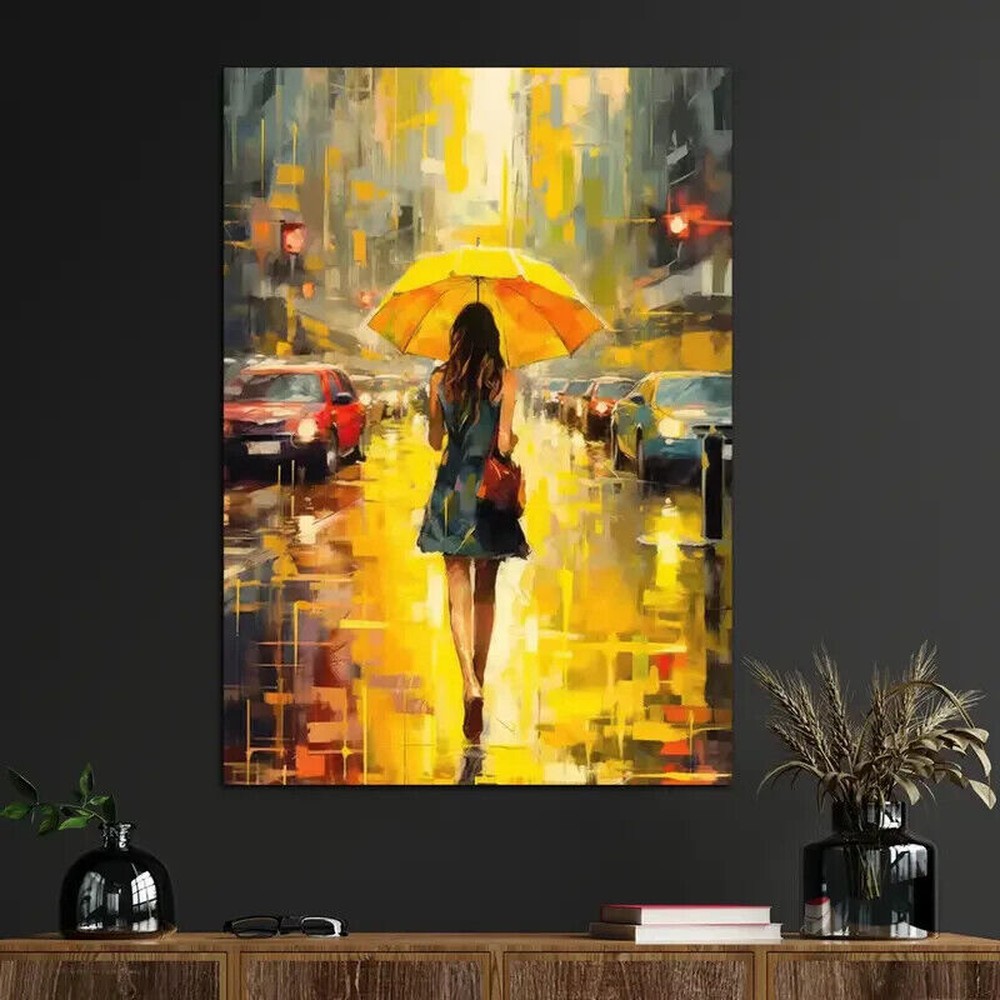 Woman Walking With Yellow Umbrella Canvas Print 16" x 24" Wall Art Home & Garden:Home Décor:Posters & Prints Style Your Walls